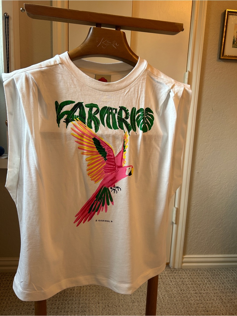 FARM Rio White Muscle Tee with Pink & Green Parrot Graphic